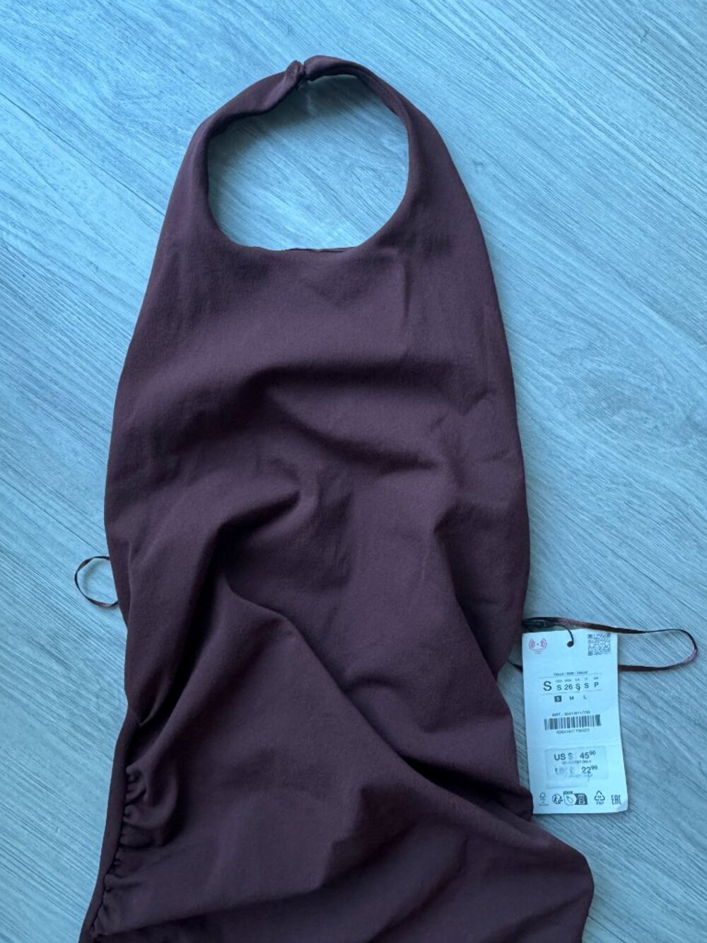 Zara Draped Halter Midi Dress Open Back Side Ruched Chocolate Brown S NWT - Picture 9 of 12